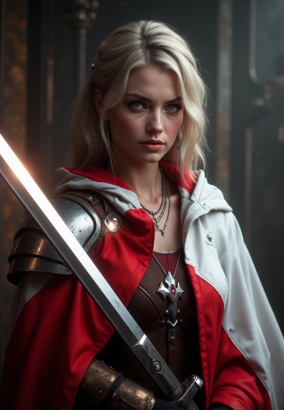 a beautiful polish woman wrapped in the polish flag. in one hand she holds a royal scimitar sword, on her shoulder a pukler with an emblem, inkpunk style,thematic background, side light, rim lighting, studio lighting, ultra quality, sharp focus, film grain, Fujifilm XT3, highly detailed glossy eyes, high detailed skin, skin pores,dark fantasy, romantic,dynamic fighting pose,,natural pose, dark fantasy style, raw, uhd, dslr