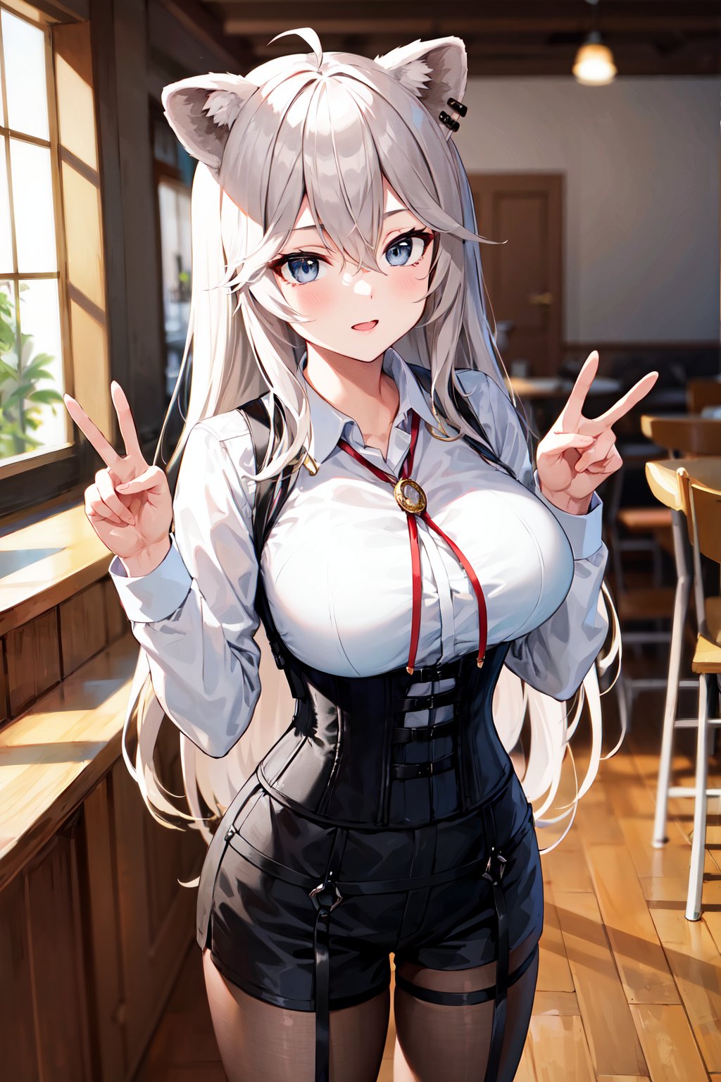 masterpiece, best quality, highres, ccbotan, long hair, ahoge, animal ears, ear piercing, large breasts, bolo tie, collared shirt, white shirt, long sleeves, harness, (underbust:1.2), black shorts, black pantyhose, <lora:shishiro_botan_v1:0.7>, peace sign, cafe, indoors, standing