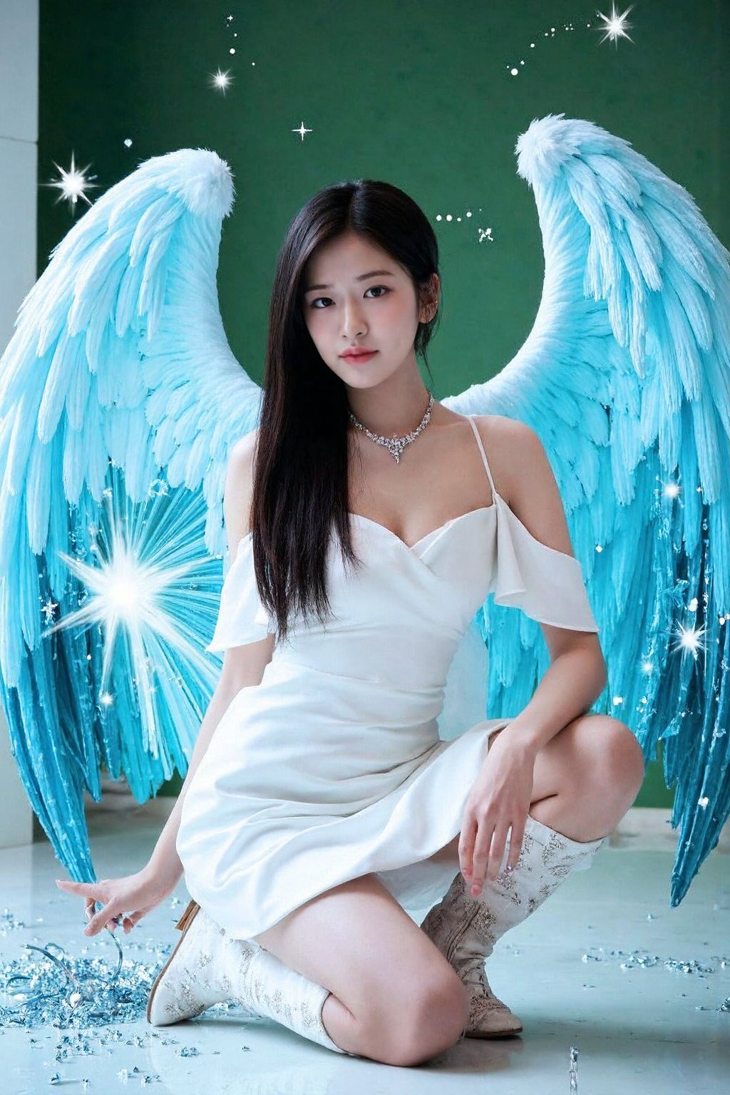 The image shows a young korean woman posing in a surreal and artistic setting. She is wearing a white, structured dress adorned with silver chains and jewelry, giving her an ethereal and celestial appearance. Her long black hair contrasts with the light colors of her outfit, adding to her striking presence.Behind her are digital, angelic blue wings, further enhancing the fantasy element of the scene. A large wave of blue water, almost like a splash frozen in time, arcs over her, and sparkling stars and glittery details surround her, giving the entire composition a magical, dream-like quality.Her pose is graceful yet dynamic, kneeling with one arm supporting her weight and the other placed on her knee, evoking strength and elegance. The boots she is wearing have an embroidered design, adding a touch of detail and texture to her outfit. The background is a gradient of blue and green, blending seamlessly with the overall fantasy theme of the image.,  <lora:flux_realism_lora:1>,  <lora:makinaflux_ahnyujin_v1.0:1>