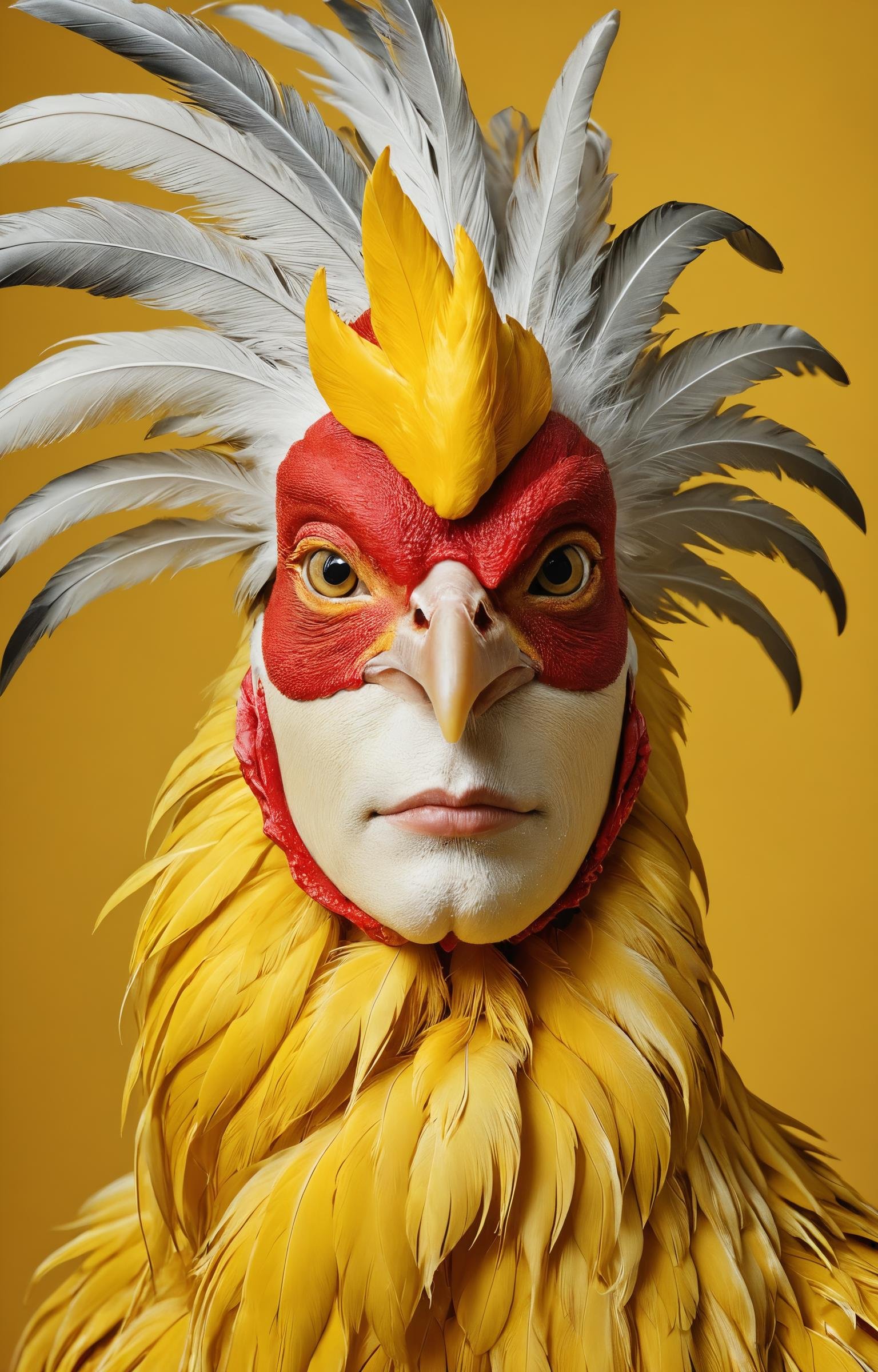 woman have yellow rooster face,face covered with feathers, in the style of pop art-inspired visuals,oddity, naturalistic bird portraits, schlieren photography, anne dewailly,yellow and red, soft-focus portraits, hyperrealistic wildlife portraits, insanely detailed, light yellow solid color background, <lora:- SDXL - creepy_n_freaks_V1.0:0.4>