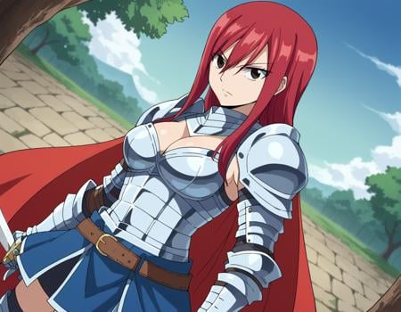 score_9, score_8_up, score_7_up, source_anime,erzascarlet, <lora:erza-scarlet-ponyxl-lora-nochekaiser:1>erza scarlet, long hair, red hair, hair between eyes, brown eyes,skirt, thighhighs, cleavage, boots, belt, sword, cape, armor, gauntlets, armored boots, greaves, knight,outdoors, nature,looking at viewer, dutch angle, cowboy shot