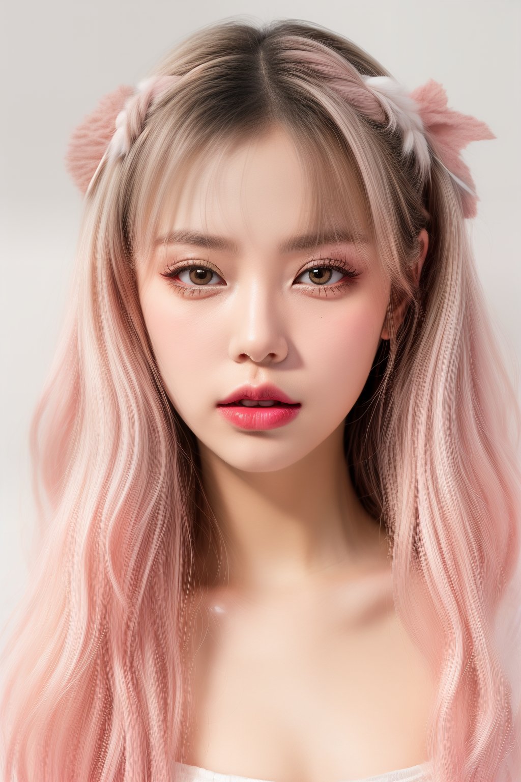 (fashion photography:1.3),(sweet:1.2),((nail polish, eyeliner, eyelashes, lipstick, makeup)),The girl has long,(wavy hair with a mix of pink and white colors:1.1),which gives off a soft and whimsical vibe. They are wearing what appears to be a light-colored,possibly pink,top with a ruffled neckline. The person is also adorned with accessories that include a headband with a bow and what looks like a feather or a decorative element on the side. The overall aesthetic is very cute and playful,with a focus on pastel colors and a fantasy-like quality. The background is simple and does not distract from the subject,which is the person's face and upper body,<lora:add_detail 3:1>,<lora:pcm_sd15_normalcfg_8step:1>,