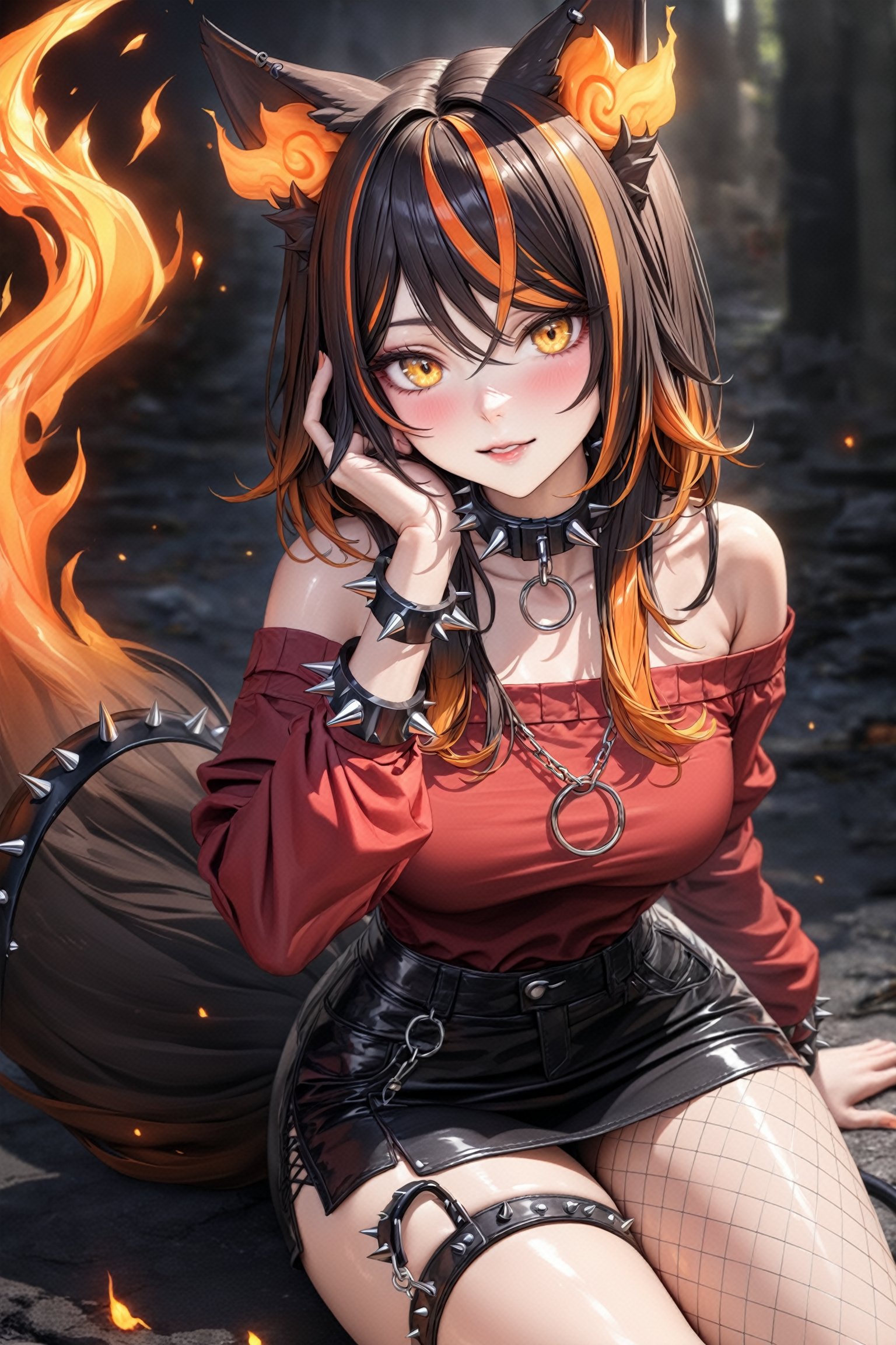 (Masterpiece), mature, HDR,UHD,8K, best quality, Highly detailed, physically-based rendering, extreme detail description, perfect skin, shiny skin, shiny hair,perfect face, hand in face, 1girl, red shirt, bare_shoulders, black-hair, black_skirt, fishnets, animal_ears, yellow_eyes, orange hair, streaked_hair, gradient_hair, long_sleeves, collar, choker, bracelets, spiked collar, spiked bracelet, multicolor_hair,Sinder, tail, tail ornaments, fire<lora:EMS-388761-EMS:0.100000>, <lora:EMS-407198-EMS:0.800000>, <lora:EMS-335737-EMS:0.600000>