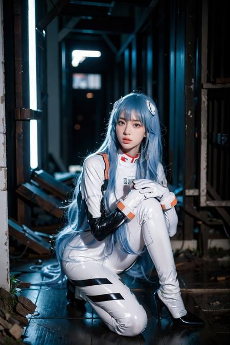 best quality, masterpiece, photorealistic, 1girl, solo, looking at viewer, bangs, full body, closed mouth, expressionless, ayanami_cosplay_costume, plugsuit, blue hair, ayanami rei, pilot suit, cosplay, long hair, interface headset, hairpods, gloves, bracer, skin tight, ( ruins:1.4), night, neon light, cyberpunk, science fiction, future city, detailed background, <lora:ayanami_cosplay_costume_v2:0.65>