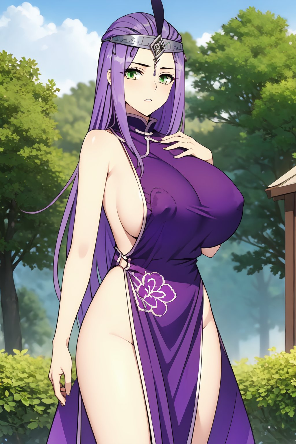 HDR,UHD,best quality,Highly detailed,masterpiece,Professional,<lora:xiaoyixian(meinahentai_v4):0.7>,xiaoyixian,1girl,long hair,purple hair,solo,green eyes,upper body,looking at viewer,breasts,very long hair,bangs,forehead protection,hair accessories,toeless legwear,(nsfw),<lora:SexyChinaDress:0.7>,(purple long dress:1.5),sexy dress,(floral print),china dress,1girl,long hair,bare shoulders,bare arms,((thighs)),(gigantic breasts),((sideboob)),(masterpiece, high quality, best quality),(colorful),(delicate eyes and face),volumatic light,ray tracing,bust shot,extremely detailed CG unity 8k wallpaper,light,fantasy,outdoors,chinese style yard,green plants,flowers,hand on own chest,medium breasts,