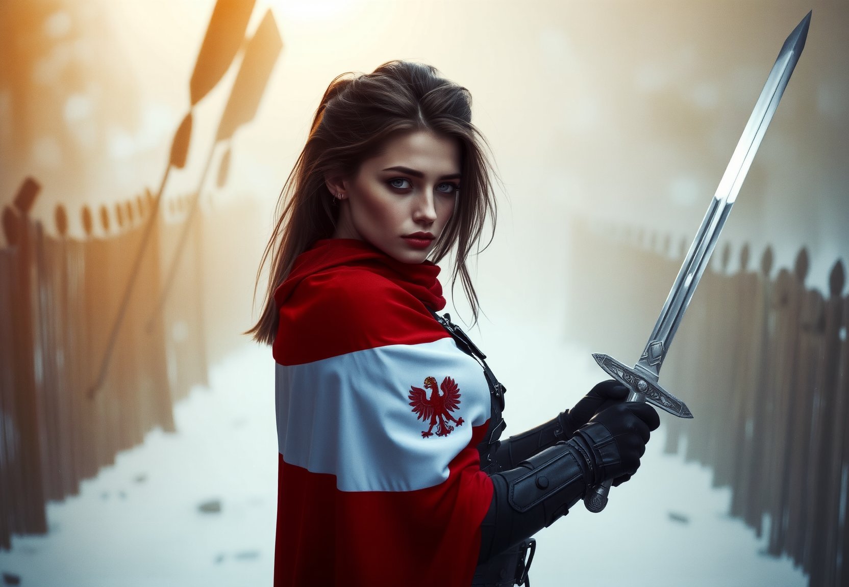 cinematic, 8k uhd, dslr,8K UHD cinematic masterpiece: a beautiful polish swordsman wrapped in the polish flag. in one hand she holds a royal scimitar sword, on her shoulder a pukler with an emblem, inkpunk style,thematic background, side light, rim lighting, studio lighting, ultra quality, sharp focus, film grain, Fujifilm XT3, highly detailed glossy eyes, high detailed skin, skin pores, winter, snowing,dark fantasy, romantic,dynamic fighting pose,,natural pose, dark fantasy style, raw, uhd, dslr, em 80mm, dslr, hdr, , cinematic shot, dark fantasy, style,raw photo, glowing neon fog, dslr, raw, 16k UHD,