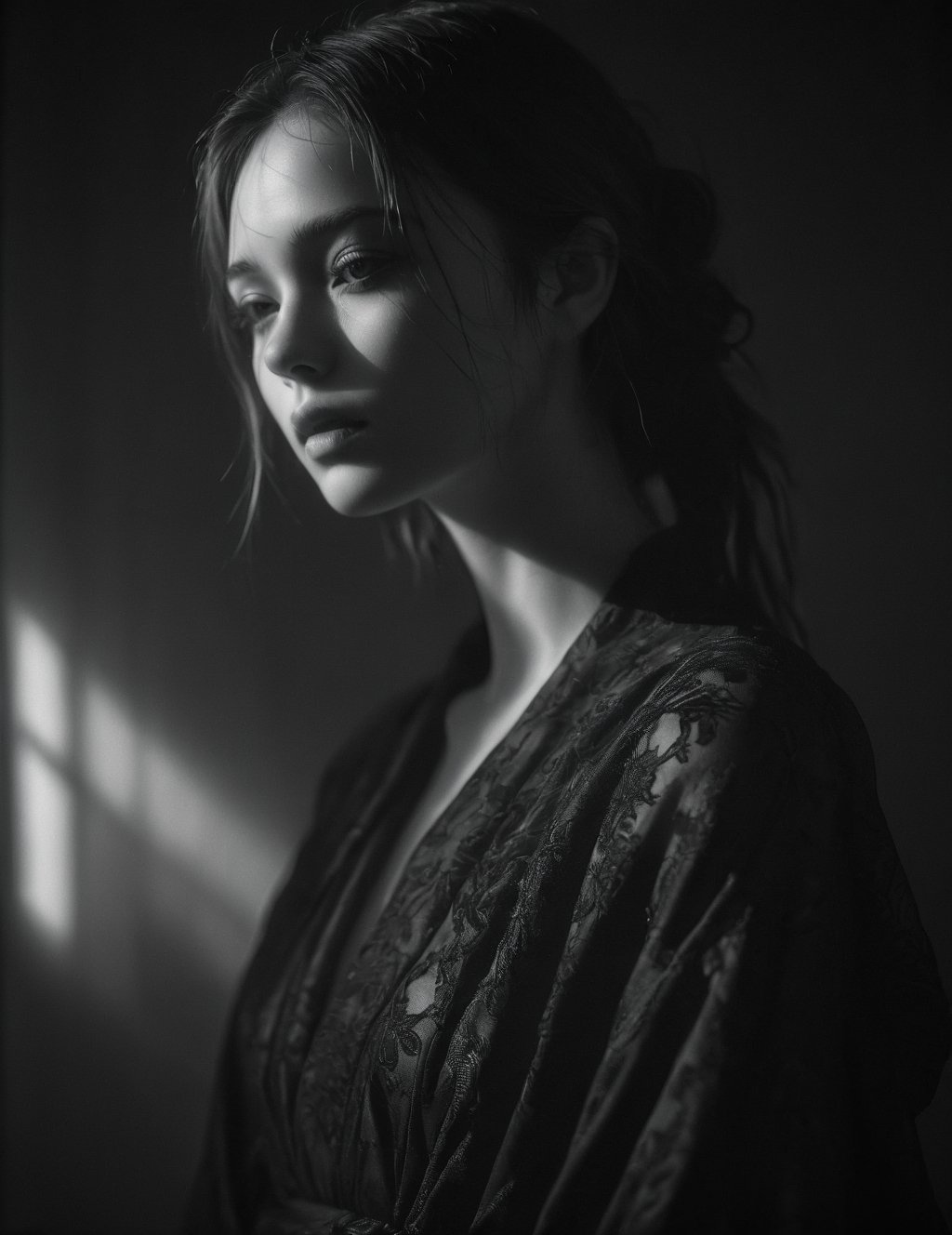 Azure Dreamer,(Misterious mood Soft Lighting Photography),stunning b&w 35mm analog photo,TWbabeXL01 beautiful,(woman),side soft light,black over black,highly detailed,detailed realistic photography,finely detailed skin,black high couture robe,epiCPhoto,analog grain,Fujifilm Acros,high contrast,