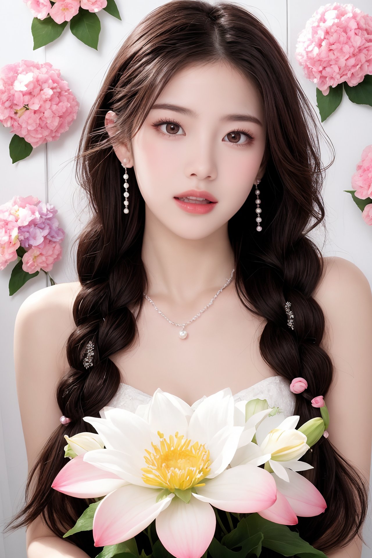 1girl, bouquet, braid, brown hair, daisy, dandelion, earrings, flower, flower field, holding flower, hydrangea, jewelry, lily \(flower\), lips, long hair, lotus, necklace, open mouth, pearl necklace, pink flower, realistic, ring, solo, teeth, wedding band, wedding ring, white flower <lora:国际超模脸1.0:0.8>