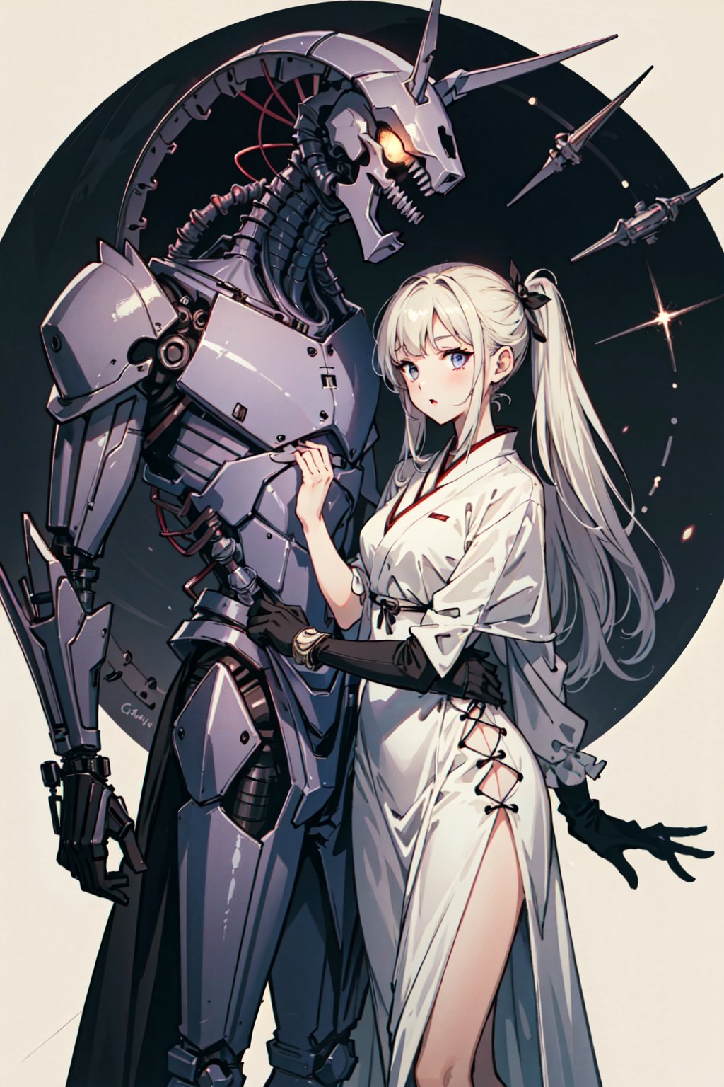 (best quality), oriental detailed background, girl with man, science fiction,mechanical arms, guro,alien, monster