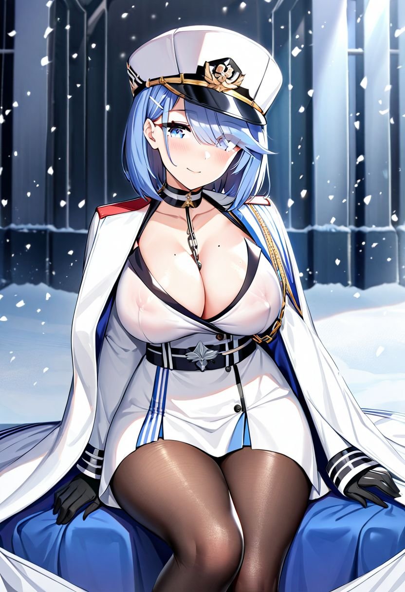 1girl, chapayev \(azur lane\), azur lane,  uniform, gloves, belt, head tilt, feet out of frame, chain, white headwear, hat, mole, closed mouth, looking at viewer, breasts, blue hair, covered nipples, black pantyhose, military, jacket, eyes visible through hair, military uniform, blush, blue eyes, smile, hair ornament, long sleeves, sitting, thighs, black gloves, mole on breast, collarbone, snowing, large breasts, white jacket, peaked cap, pantyhose, hairclip, short hair, solo, military hat, cleavage, very aesthetic, masterpiece, best quality, absurdres, sensitive