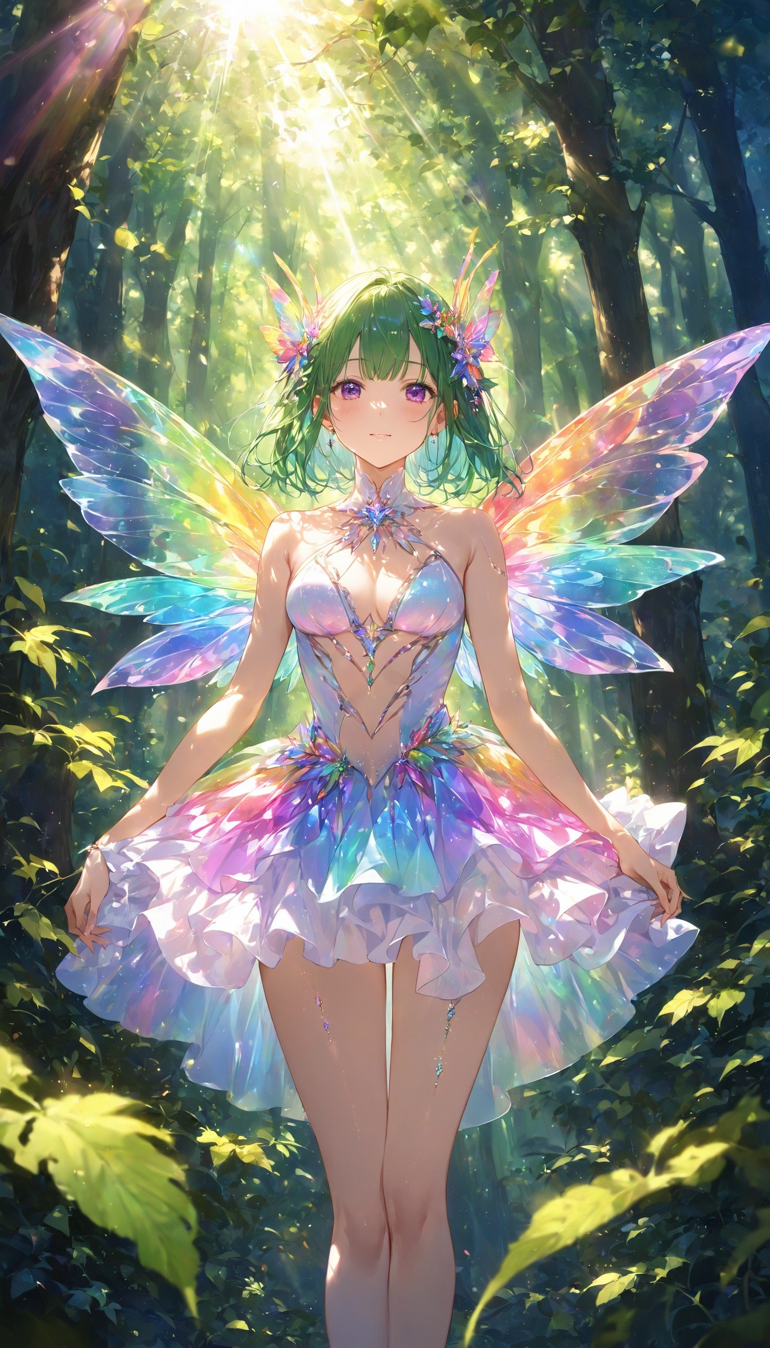 beautiful fairy with raimbow wings, standing, on deep forest, sun light throung leaf, volumetric light, iridescent light, close up on body, sun light ,lens flare, rim light through wings project a( rainbow color volumetric light:1.2),,masterpiece, best quality, score_9, score_8_up, score_7_up, ultra-detailed, Best-A, Medium-B, Low-C, Bad-D,