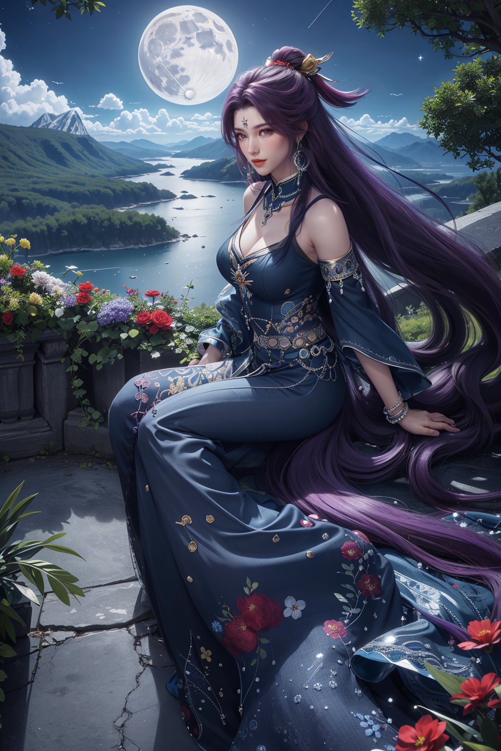 outdoors，(black hairs:1.2)，(large breasts:1.0)，flowers，floating hair，sky，rainbow,moon,sky,stars,(arms at sides:1.3),lying，mountains，crystal，sea，desert，full body，1girl, hair ornament, jewelry, earrings, solo, long hair, purple hair，looking at viewer，blue dress，looking at viewer，closed mouth， <lora:dingdang-sipopo:0.6>