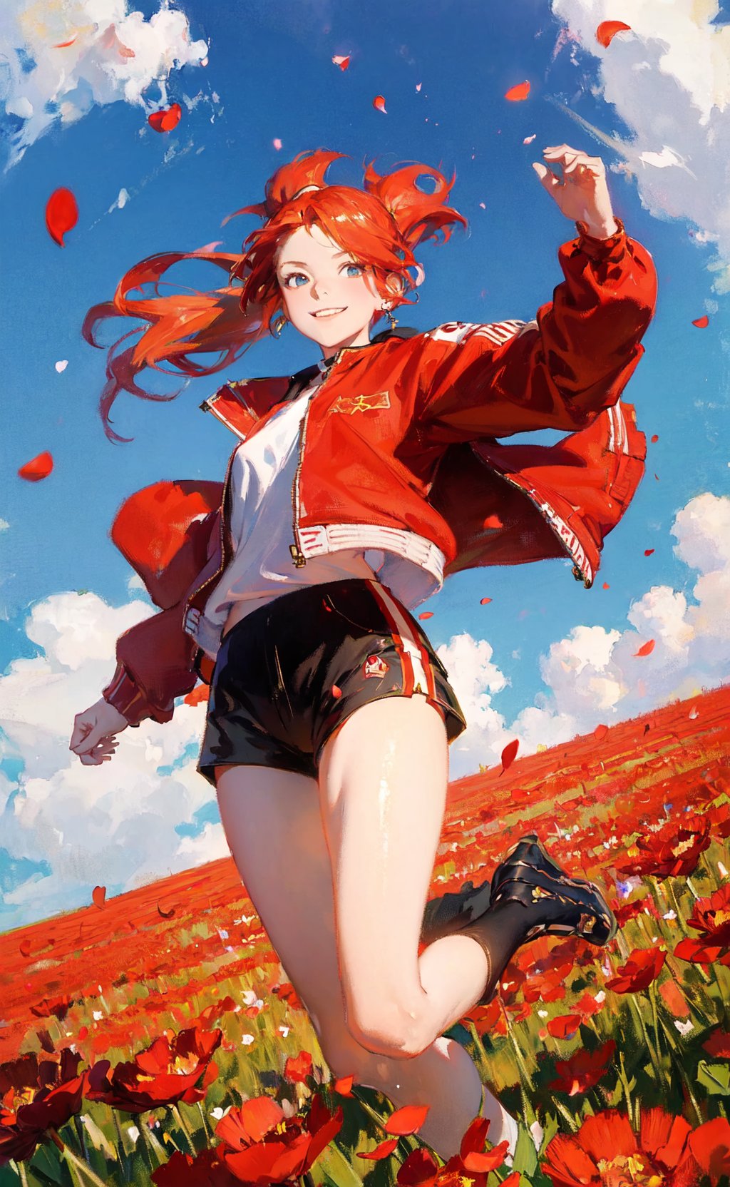 oil painting, John Singer Sargent, fisheye lens, masterpiece, best quality, 1girl, jumping in a field of red flowers, (petals:1.2), red ponytail, long hair, oversized track jacket, shorts, jewelry, smile, sky, (from below:0.9)