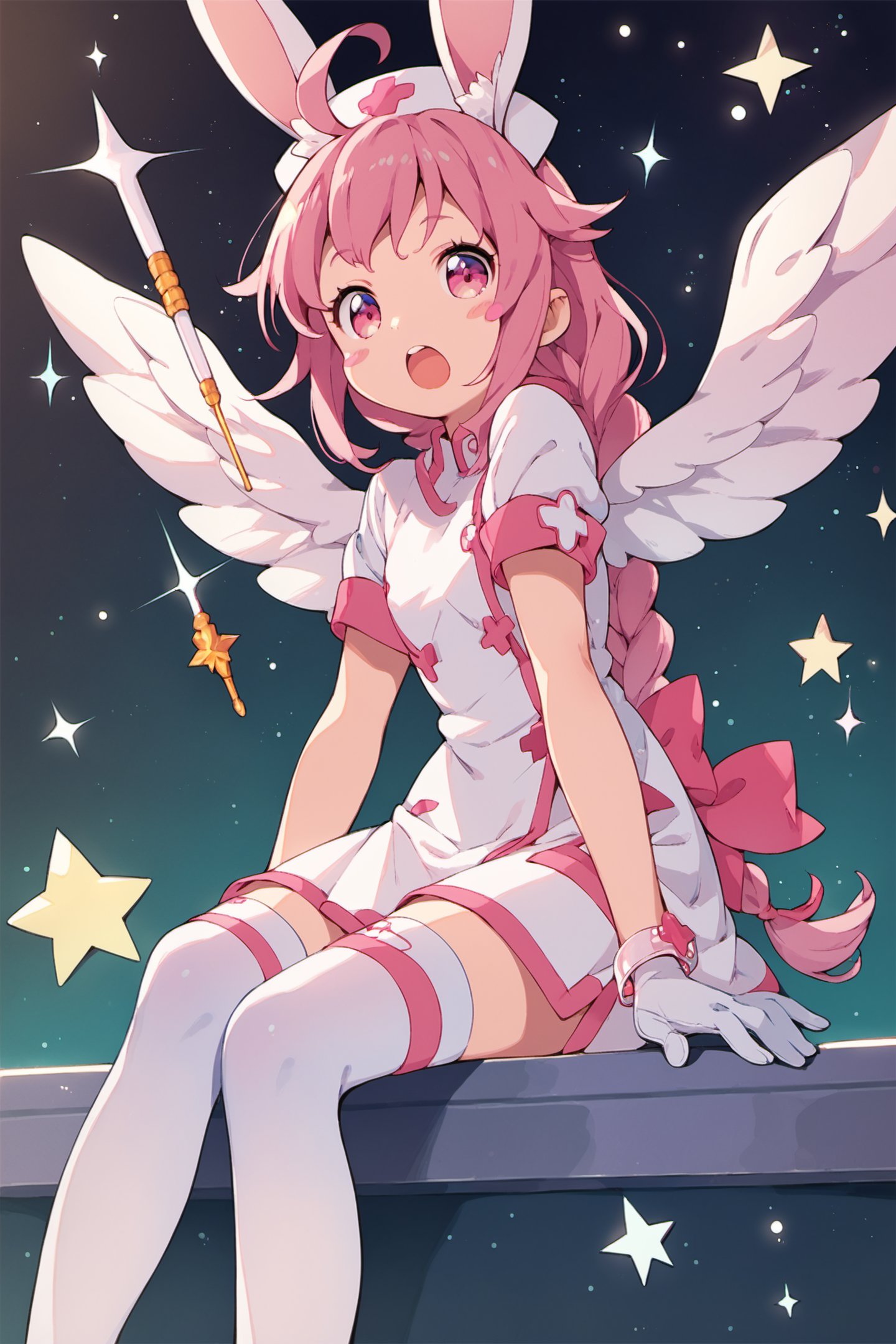 1girl, animal ears, blush stickers, rabbit ears, pink hair, gloves, thighhighs, hat, open mouth, nurse cap, pink eyes, ahoge, solo, bow, long hair, wings, white gloves, sitting, braid, wand, dress, nurse, bracelet, short sleeves, jewelry,score_9,score_8_up,<lora:Kanzaki Hiro_XL_PONY:0.9>,