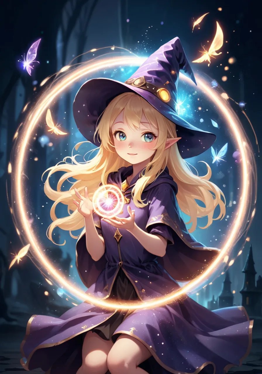 highres,best quality,young sorceress blonde girl wearing a wizard hat, surrounded by a floating magic circle emitting glowing particles. A sparkling little fairy is fluttering around her.