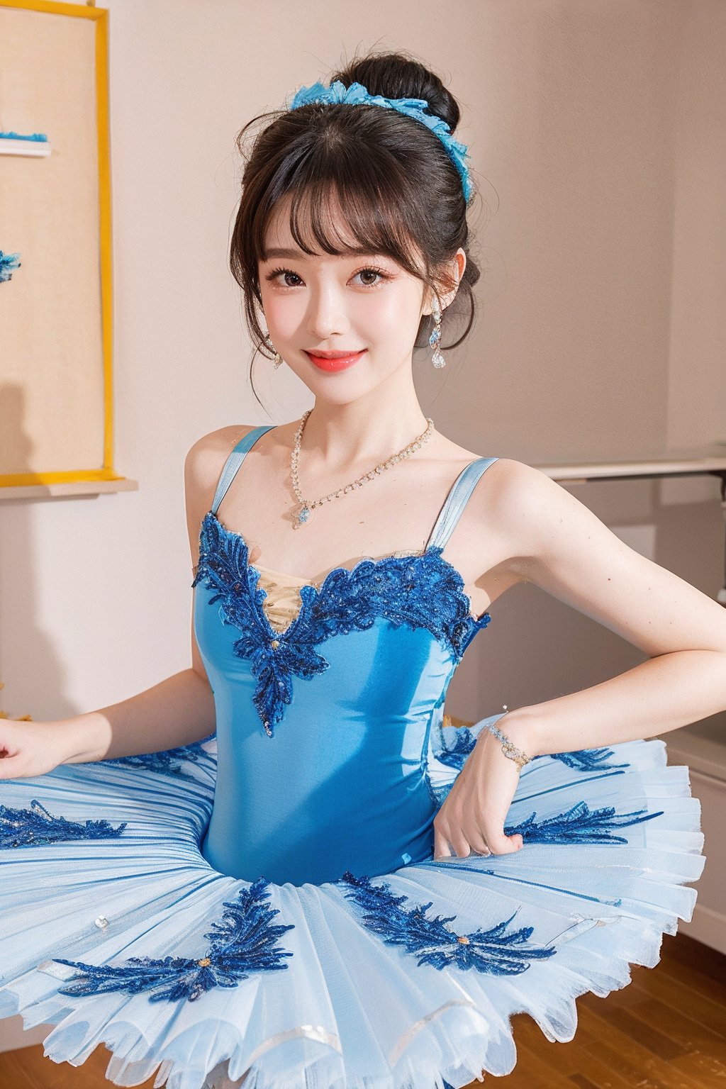 HDR,UHD,8K,best quality,masterpiece,Highly detailed,Studio lighting,ultra-fine painting,sharp focus,physically-based rendering,extreme detail description,Professional,masterpiece, best quality,delicate, beautiful,(1girl),(blue Ballet_tutu:1.5),(jewelry:1.5),lace,(looking_at_viewer:1.2), realistic,(blunt bangs:1.2),(hair bun),(standing:1),(hair ornament:1.2), (jewelry necklace:1),dance classroom background,(Half-length photo:1),(smile:1),(white lace stockings:1),