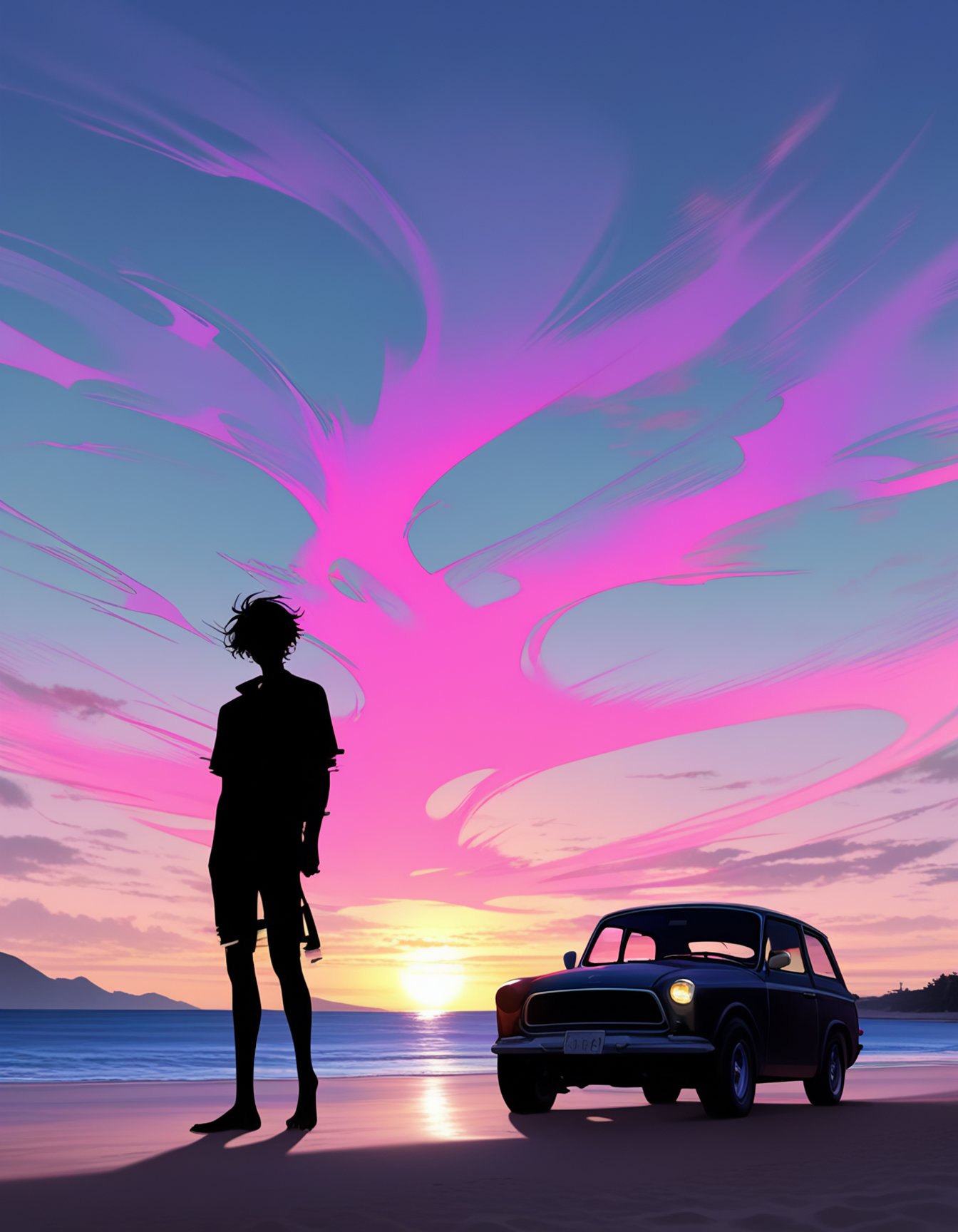 best quality, masterpiece, absurdres, fashion, by (murata_range:1.2), summer, beach, shore, sunset, car, 1boy, glitch iridescent aura, glowing sky, dark, silhouette