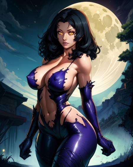 unknown,black hair,yellow eyes,right shoulder tattoo,purple slime attire,covered nipples,standing,cleavage,lips,night,moon,(insanely detailed, beautiful detailed face,beautiful detailed eyes, masterpiece, best quality),<lora:unknown-10TT2v7:0.8>,