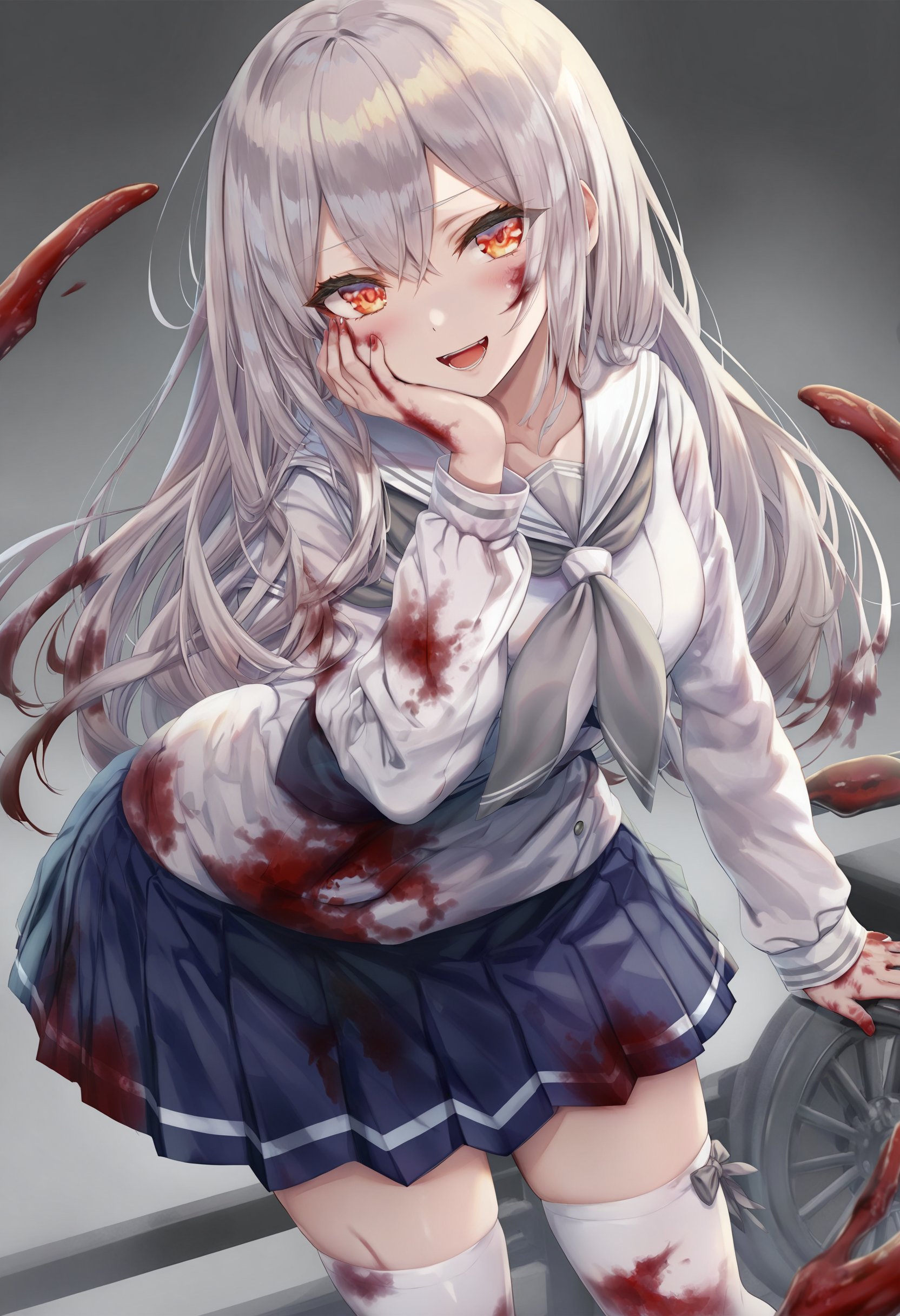 masterpiece, best quality,1girl,   blood, solo, long hair, black background, blush, blood on clothes, blood on face, blood on hands, long sleeves, thighhighs, smile, dress, looking at viewer, white thighhighs, leaning forward, sailor collar, neckerchief, injury, hair between eyes, simple background, skirt, white sailor collar, white hair, school uniform, cowboy shot, open mouth, grey background, white dress, serafuku, two-tone background, evil smile, pleated skirt, sidelocks, hand on own face, orange eyes, grey neckerchief, blue skirt, blue footwear, thighs, half-closed eyes, standing, floating hair <lora:torinoXLlokr8f-000182:0.95>