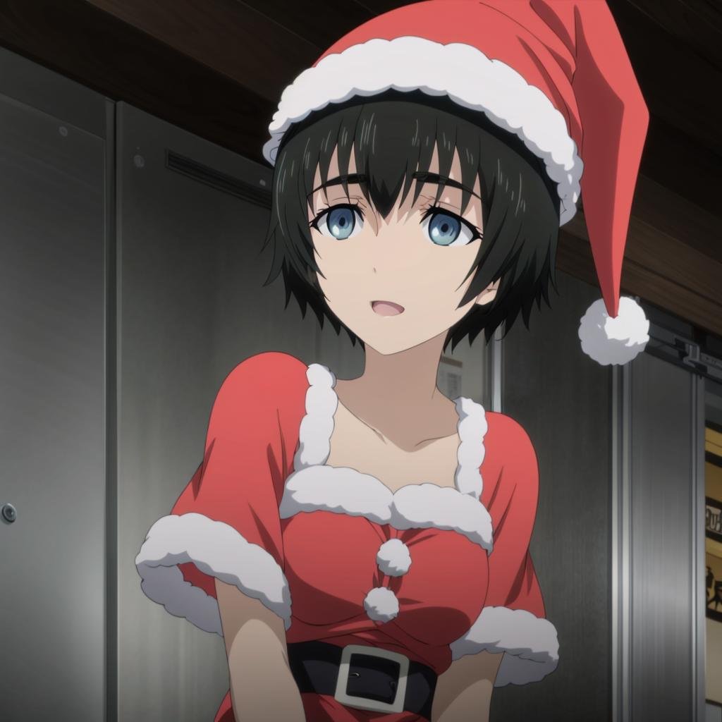 <lora:MayuriShiina002:0.7>,<lora:add_detail:1>,<lora:boldline:-0.8>,<lora:noline:0.3>,Mayurizero,1girl,black hair,santa costume,