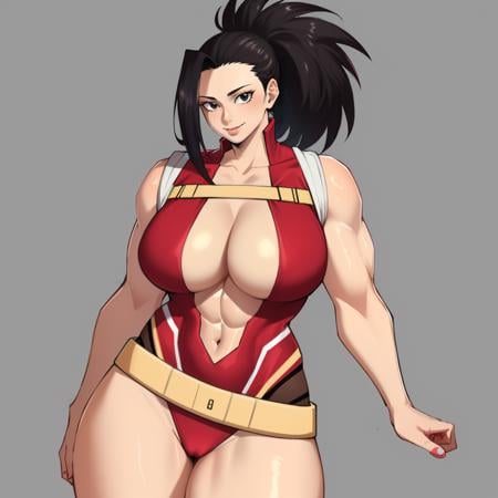 (masterpiece, best quality:1.3), DrakkaiArt, 1girl, solo, looking at viewer, wide hips, mature female, closed mouth, seductive smile, large breasts, cowboy shot, muscular female, thick thighs, <lora:DrakkaiArt Style Lora:.85>, yaoyorozu Momo, black hair, ponytail, hair pulled back, black eyes, red leotard, navel cutout, bare arms, bare legs, belt, collarbone, cleavage, <lora:yaoyorozu_momo_v1:.8>