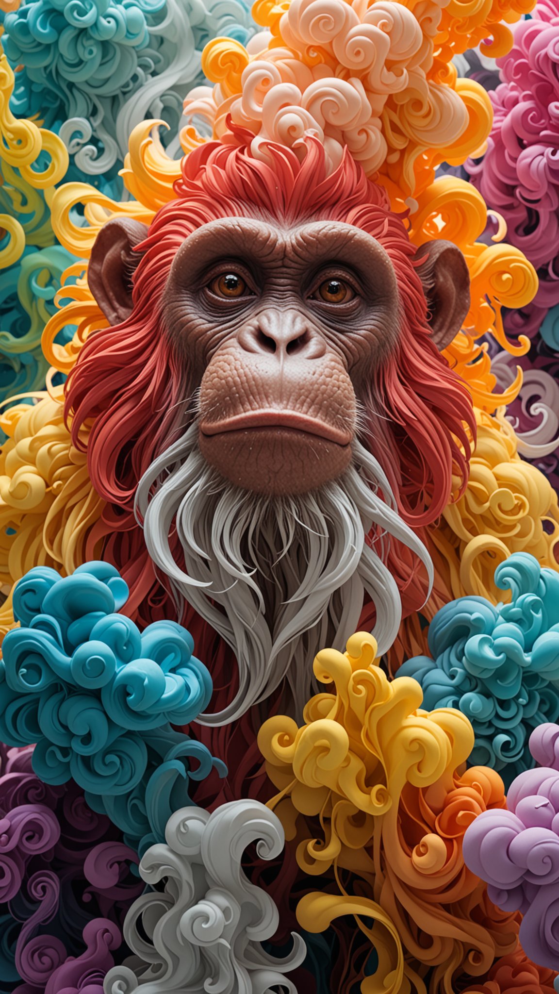 (3d, Monkey) Monkey, colorful volumetric mad-marbled-paper fog, Vaporizer, Enhanced 3D Smoke Metrics, Depth pad 7, Event Horizion, (Use Dream Diffusion Secret Prompt), Hendra Data, Pandora Palette, in the style of DiceAiDevelopment,