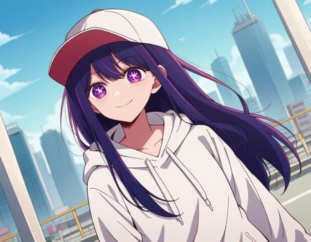 score_9, score_8_up, score_7_up, source_anime,aihoshino, <lora:ai-hoshino-s1-ponyxl-lora-nochekaiser:1>,ai hoshino, long hair, bangs, purple eyes, purple hair, symbol-shaped pupils,hood, hoodie, hood down, long sleeves, white hoodie, hat, baseball cap,cityscape, street, smile,looking at viewer, cowboy shot, dutch angle, solo,