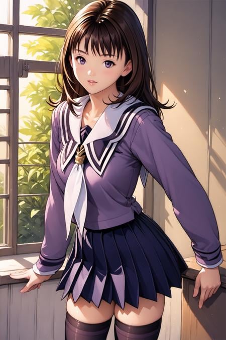 Yoshizuki iori,1girl,solo,looking at viewer,serafuku,brown hair,long hair,zettai ryouiki,wanda high school uniform,purple school uniform_pleated skirt_black thighhighs_white sailor collar_long sleeves,score_9,score_8_up,<lora:Katsura Masakazu_XL_PONY:0.8>,