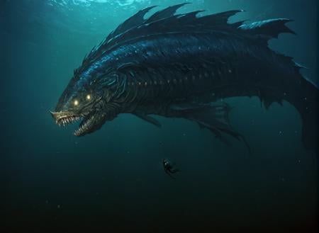 <lora:Leviathan_XL:1>  leviathan a sea monster, underwater, under the ocean, depths, (masterpiece), best quality, highres, 4k, 8k, intricate detail, cinematic lighting, amazing quality, amazing shading, soft lighting, gloomy colors, dark aura, horror