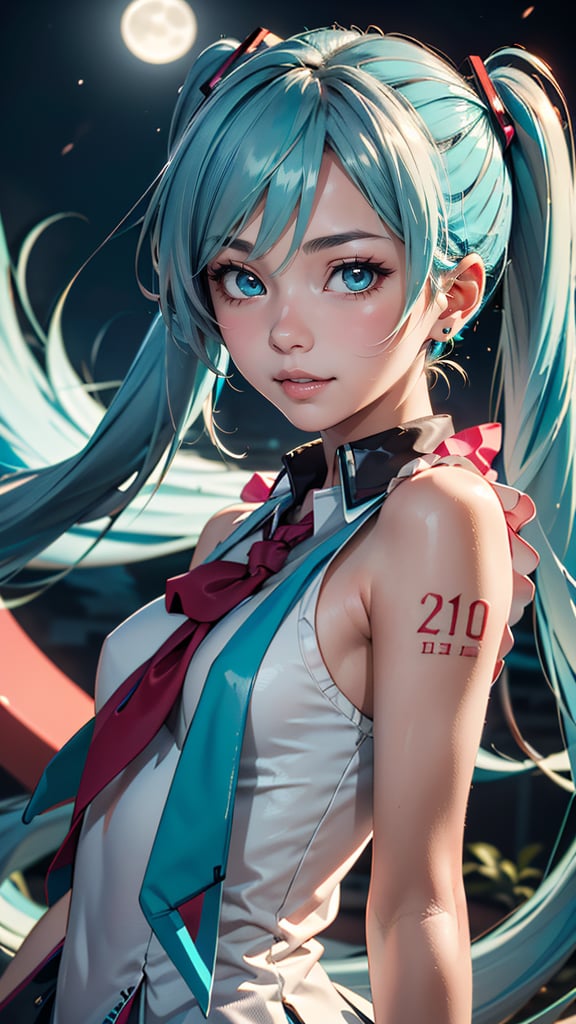 (best quality, masterpiece, colorful, highest detailed) upper body photo, fashion photography of cute (Hatsune Miku), very long turquoise pigtails and a school uniform-like outfit. She has teal eyes and very long pigtails held with black and red square-shaped ribbons that have become a signature of her design, (ultra-detailed body), (light smile:0.3), moonlight passing through hair, (silver lake background:1.3), (intricate details), (dynamic angle)