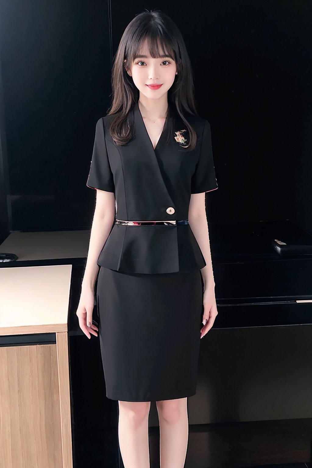 HDR,UHD,8K,best quality,masterpiece,Highly detailed,Studio lighting,ultra-fine painting,sharp focus,physically-based rendering,extreme detail description,Professional,masterpiece, best quality,delicate,beautiful,(1girl:2),(Thin figure:1.5),(black office_lady_uniform:1.5),(looking_at_viewer:1.2), realistic,(blunt bangs:1.2),(standing:1),office background,(Half-length photo:1),(smile:1),