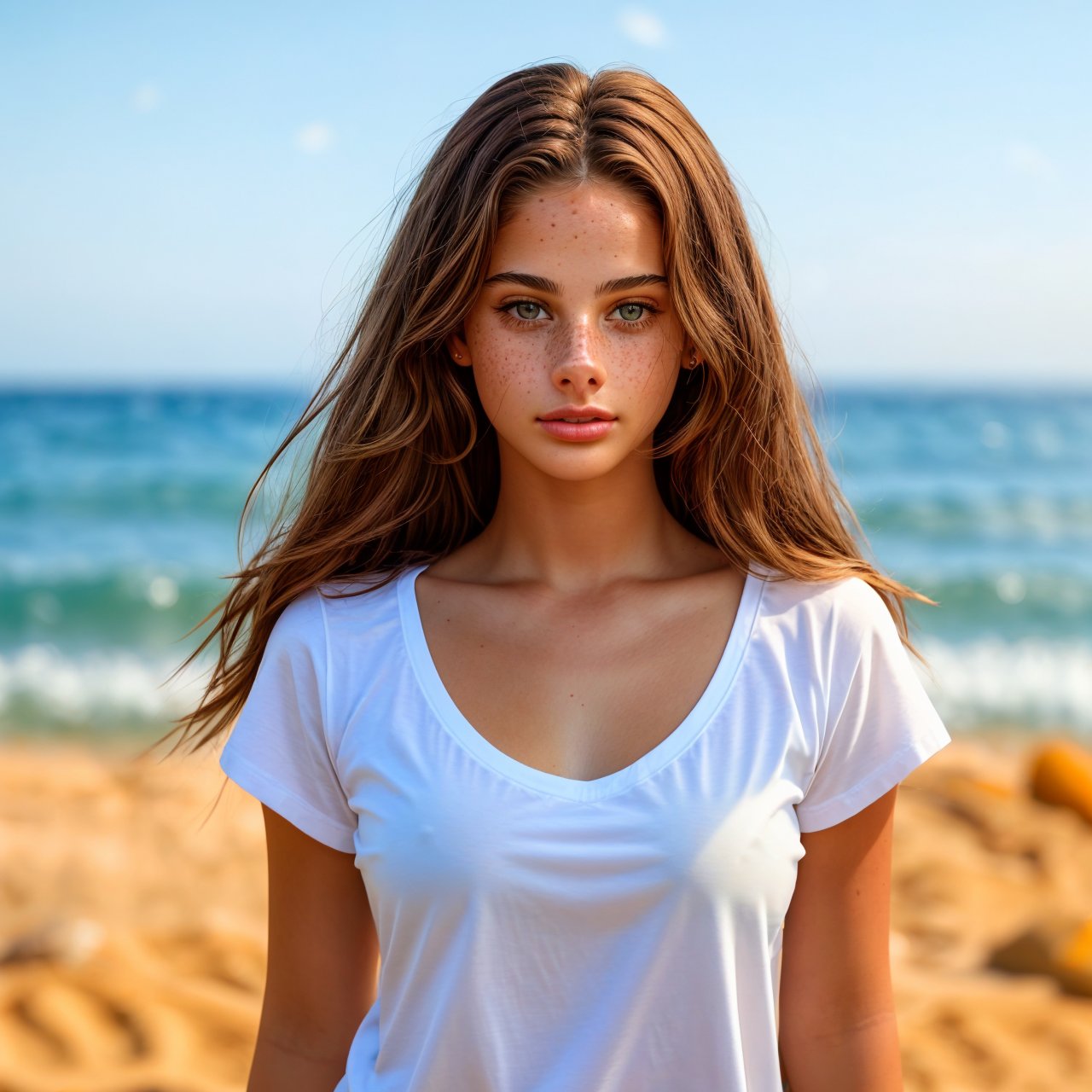 best quality, extra resolution, wallpaper, HD quality, HD, HQ, 4K full body portrait of beautiful (AIDA_LoRA_MeW2023:1.04) <lora:AIDA_LoRA_MeW2023:0.96> in (simple white t-shirt:1.1), [stunning girl], glossy skin with visible pores and freckles, pretty face, naughty, funny, happy, playful, intimate, hyper realistic, kkw-ph1, (colorful:1.1), (on the seashore:1.1), sea, sand, sky, (on the beach:1.1), sunlight, outdoors
