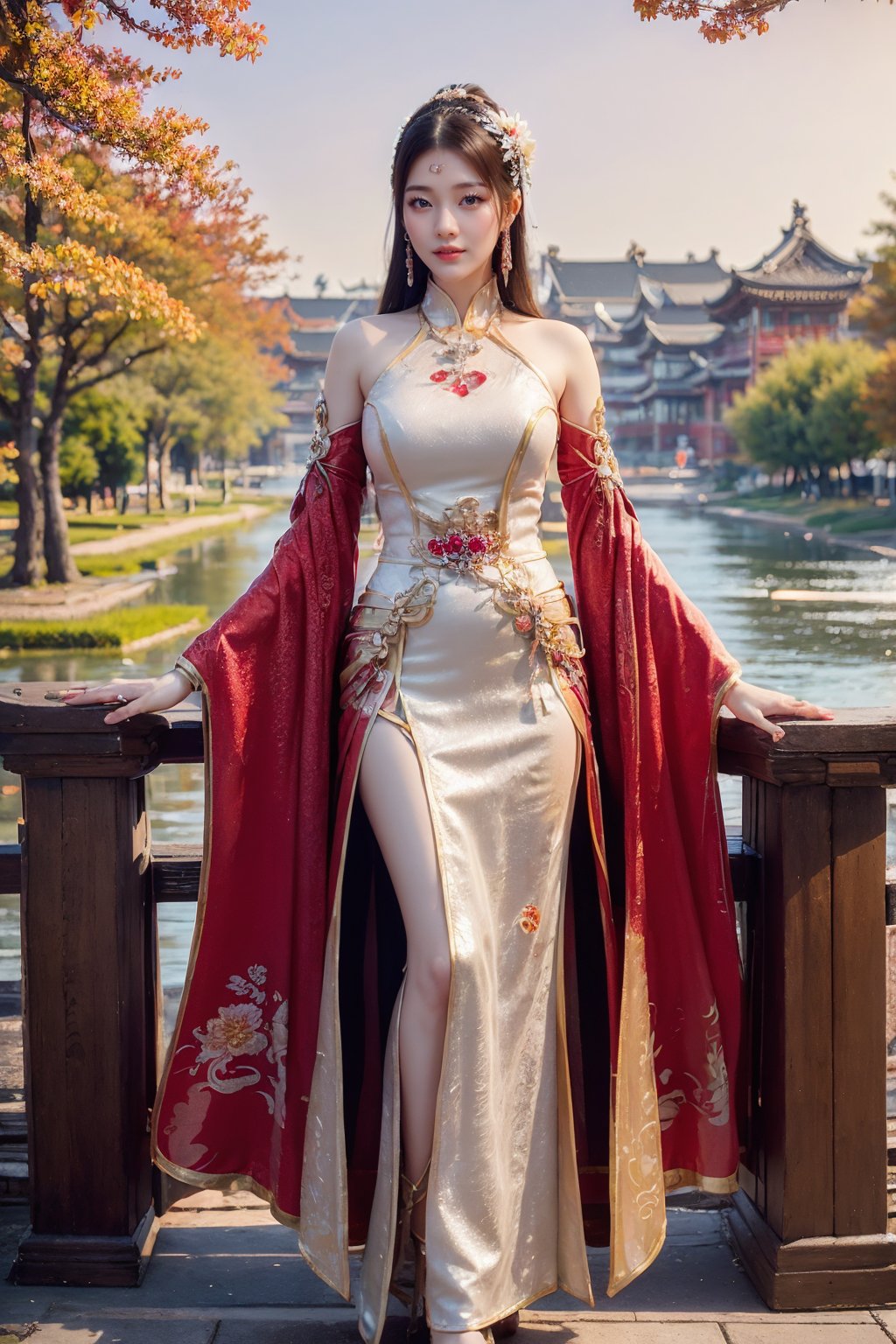 CAFC,1girl,solo,long hair,white clothes,earrings,jewelry,hair accessories,full body,suburban scenery,east asian,chinese style architecture,