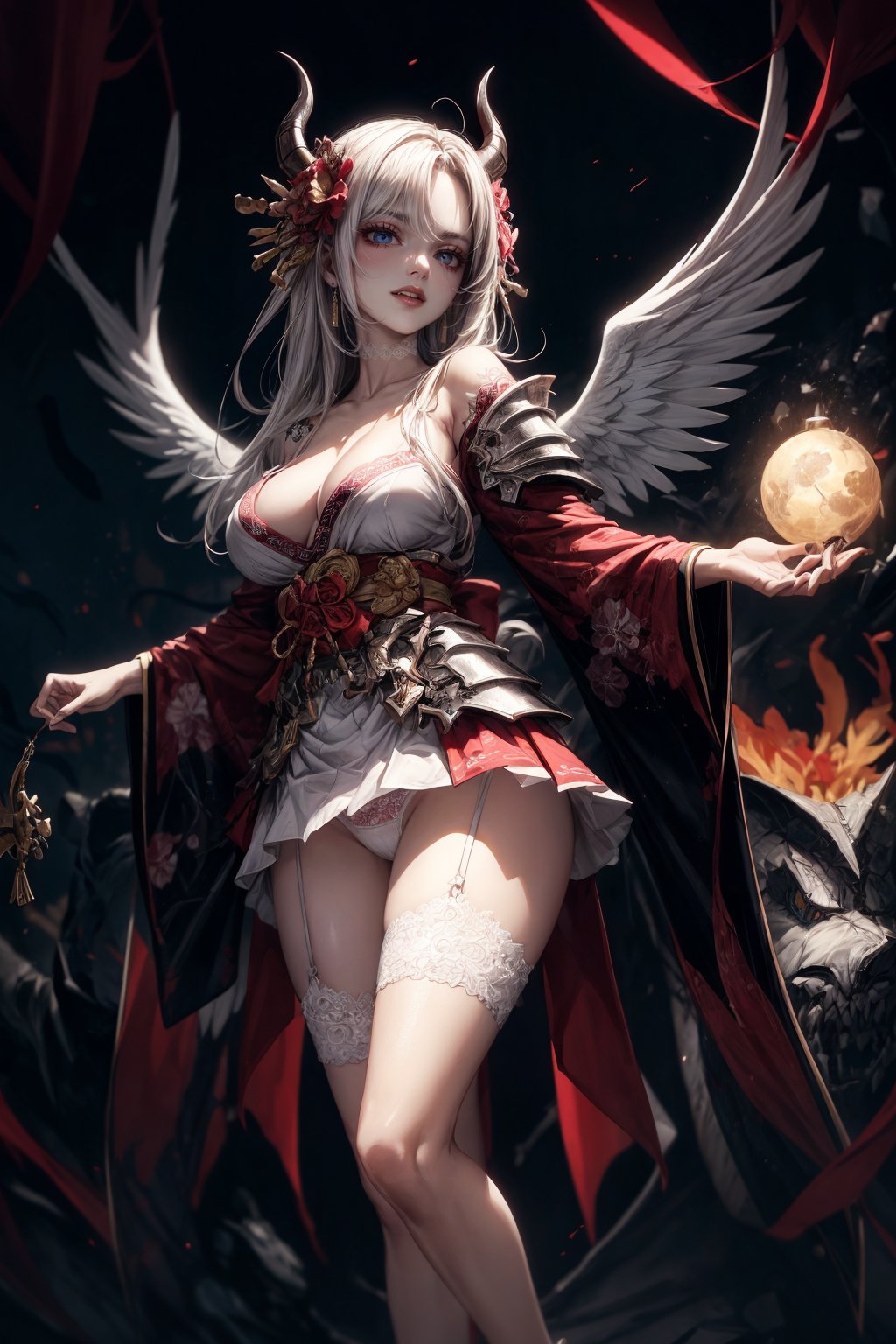 ((Masterpiece,  Top Quality,  High Resolution)),  8K,  Breach. Cruel,  Cosmic Fallen Angel Devil,  Cruel,  Evil,  Fine Eyes: 1.3,  Breach,  Fine Face: 1.3,  Accessories,  (Full Body Tribal Tattoo),  ((Super Fine Armor Kimono & White Lace Skirt)),  ((Upskirt)),  ((Pretty Panties)),  D-Cup Cleavage,  Breach,  Creature Luminous,  creepy,  Re, .HELL SENT,  very bright colors,  light particles: 1.2,  glowing light,  Mshiff,  wallpaper art,  inorganic life form,  inorganic object made of gold,  red and white,  UHD wallpaper,  cowboy shot,  evil glow,  evil laugh,  kianna kasurana,  YAMATO,  rolopekka noelledef,  outfit-km,  purple dress,  yaemikodef,  monadef,  kamisatoyakadef,  alexia_olis,  arlecchino,  phlg,<lora:EMS-1093-EMS:0.200000>,<lora:EMS-63140-EMS:0.200000>,<lora:EMS-179-EMS:0.500000>