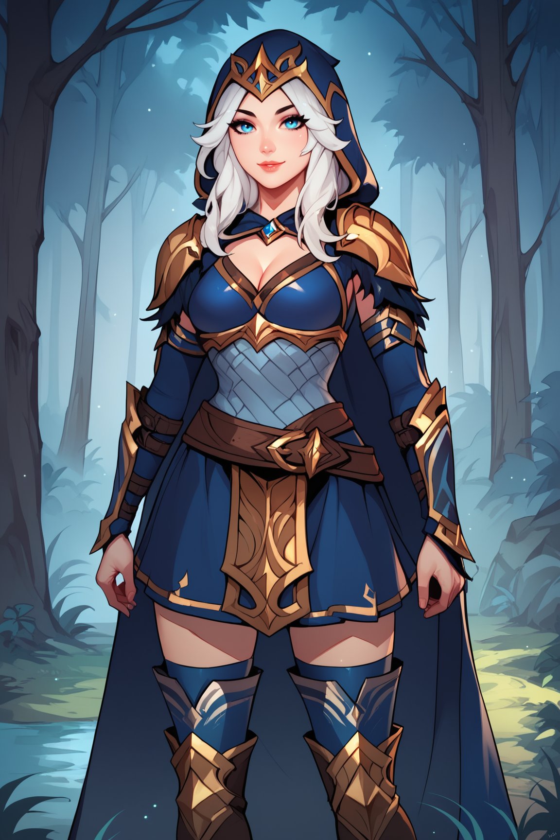 score_9, score_8_up, score_7_up, score_6_up, score_5_up, score_4_up, AsheLoLXL, blue eyes, white hair, long hair, parted bangs, blue hood, hood up, medium breasts, golden armor, cape, shoulder armor, cleavage, blue dress, vambraces, brown belt, blue skirt, blue thighhighs, thigh boots, solo, standing, seductive smile, looking at viewer, forest, tree <lora:AsheLoLXL:0.8>