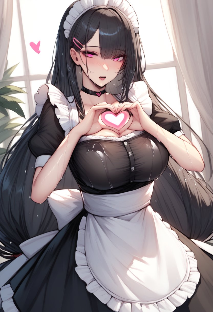 score_9, score_8_up, score_7_up, score_6_up, source_anime, <lora:VEY 0.1v:1>, 1girl, heart hands, long hair, apron, black hair, maid headdress, maid, breasts, black choker, choker, large breasts, white apron, short sleeves, very long hair, looking at viewer, low-tied sidelocks,  open mouth, puffy sleeves, frills, maid apron, solo, holding, frilled apron, hairclip, waist apron, dress, wet clothes, puffy short sleeves, wet,  holding plate, black dress, pink eyes, see-through