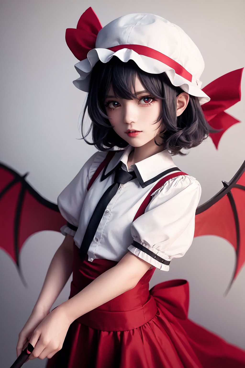 remilia_scarlet,solo,1girl,bat_wings,looking_at_viewer,mob_cap,puffy_short_sleeves,hat_ribbon<lora:remilia_scarlet:1>,simple background,white backgroundmasterpiece,best quality, highly detailed, 