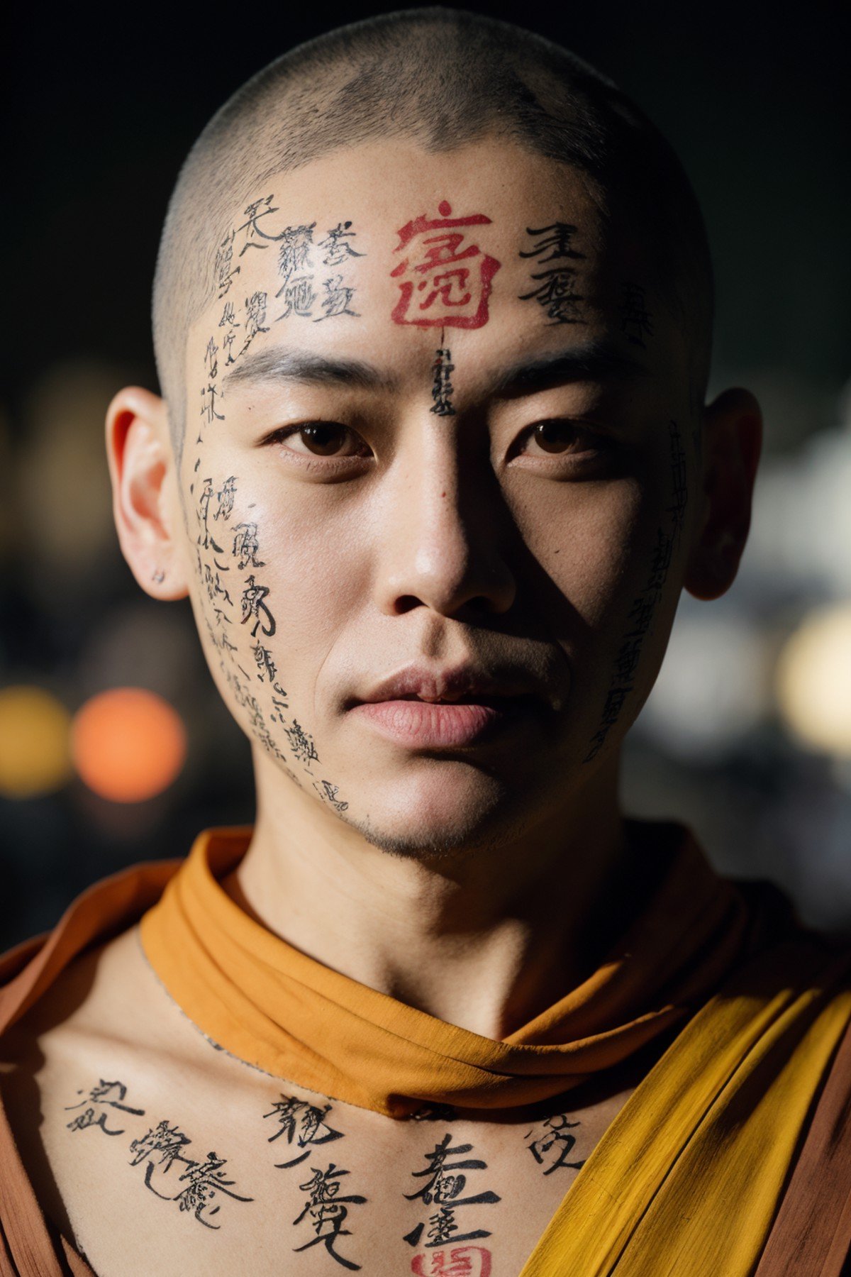 elaborate portrait of a monk by Laurey Greasley and Takeshi Obata, desire to achieve enlightenment, nirvana, yellow, orange, cyberpunk, detailed, realistic, 8k uhd, high quality, <lora:bodywritingN1.0:1>,  chinese characters, body writing, face painting, 