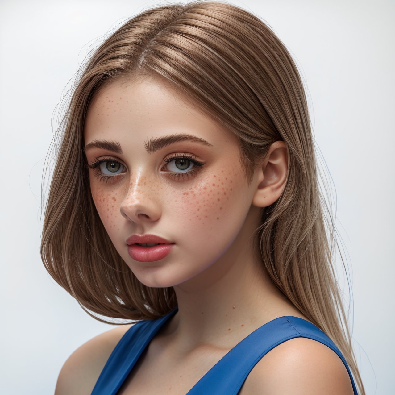 best quality looking at viewer, close up of stunning (AIDA_LoRA_InWo2023:1.15) <lora:AIDA_LoRA_InWo2023:0.93> in (simple blue dress:1.1), [stunning girl], glossy skin with visible pores and freckles, pretty face, intimate, composition, kkw-ph1, (colorful:1.1), (studio photo:1.1), (simple white background:1.1) 