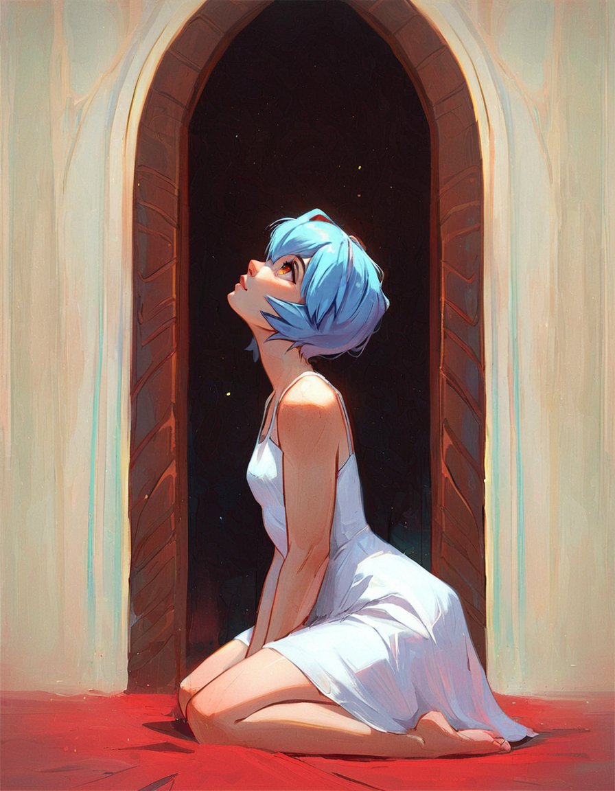 score_9, score_8_up, score_7_up, source_anime <lora:sabug_glazed-000070:1> BREAK 1girl, solo, ayanami rei, white dress, sundress, kneeling, from side, looking up