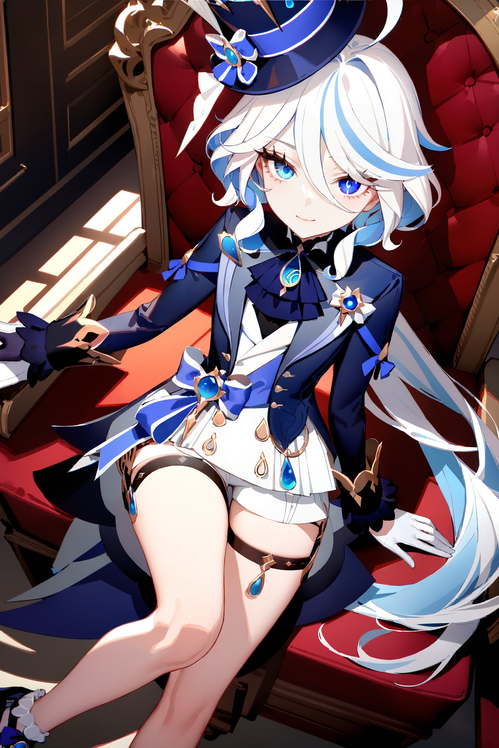 masterpiece, best quality, very aesthetic, ray tracing, newest, (hitenkei, askzy:0.4), 1girl, furina \(genshin impact\), heterochromia, mismatched gloves, top hat, blue jacket, ascot, waist bow, short shorts, thigh strap, high heels, frilled socks, waist cape, looking at viewer, sitting, smirk, throne, indoors  <lora:Char-Genshin-Furina-XL-V1:0.9>