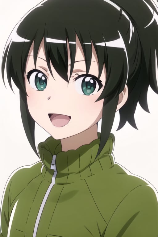 solo, 1girl, looking at viewer, 2D, anime, official style, anime coloring, anime screencap, upper body, (simple background, solid white background:1.3), <lora:niko-mikakunin-01:0.8>, niko oono, short hair, green jacket, smile, :d