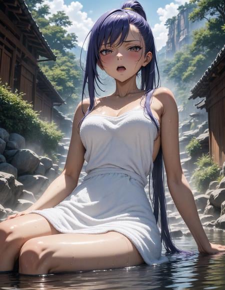 1girl,villetta nu,code geass,(towel dress:1.3),  head back, sit on water,  from below,,looking at viewer, half-closed eyes,open mouth, disgust,  sweat,onsen,vapor around, , ,, (masterpiece:1.2), (best quality:1.2), (very aesthetic:1.2), (absurdres:1.2), (detailed background:1.2),newest, (intricate details:1.2), cinematic angle, ai-generated, 