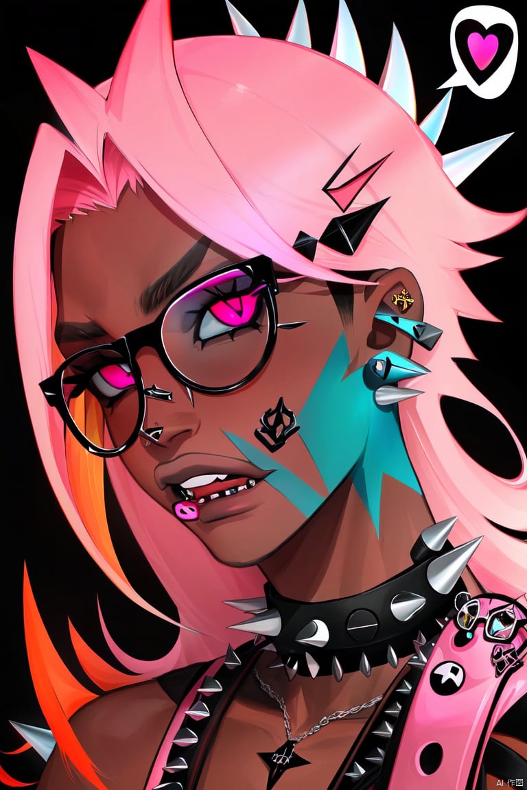 saibo, lip piercing, nose piercing, dark skin, glasses, eyebrow piercing, piercing, dark-skinned male, spikes, jewelry, pink hair, multicolored hair, spoken heart, 1boy, spiked collar, spiked choker<lora:EMS-380362-EMS:1.000000>