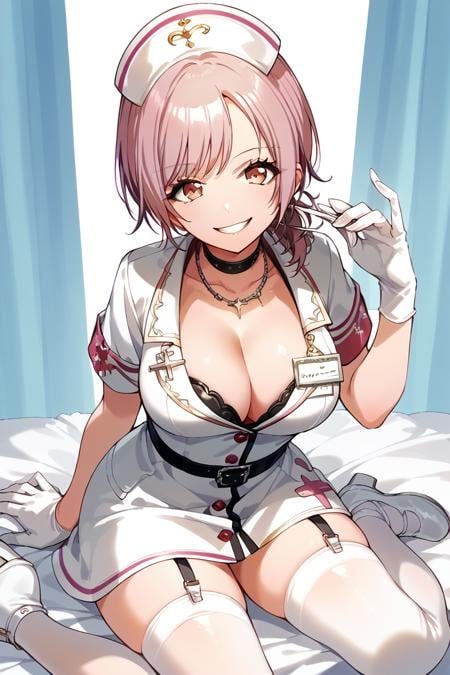 score_9, score_8_up, score_7_up, score_6_up, 1girl, <lora:Weronika:0.9> weronika, breasts, solo, gloves, cleavage, white gloves, thighhighs, hat, sitting, smile, looking at viewer, large breasts, nurse, pink hair, white footwear