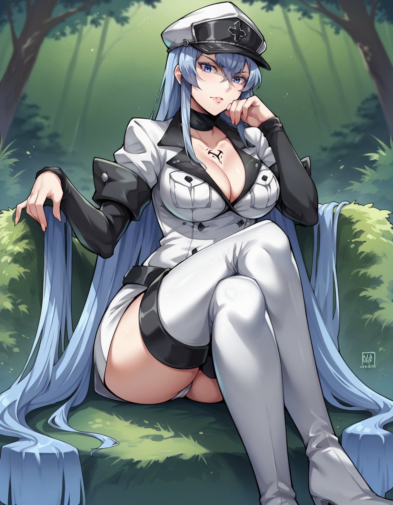 score_9, score_8_up, score_7_up, score_6_up, score_5_up, score_4_up, BREAK source_anime,  <lora:Esdeath:0.9>, Esdeath, thigh boots, sitting, crossed legs