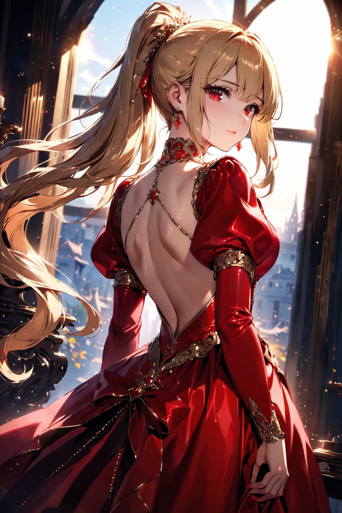 back focus, from behind, blonde hair, long hair, high ponytail, long ponytail, red eyes, long eyelashes, thick eyelashes, looking at viewer, red dress, backless dress, gold trim dress, puffy sleeves, juliet sleeves, long sleeves, red sleeves, light particles, blurry, bloom, shiny hair (Depth of field hdr 8k 4k wallpaper cinematic angle, cinematic lighting,:1.2) (masterpiece, best quality:1.2)