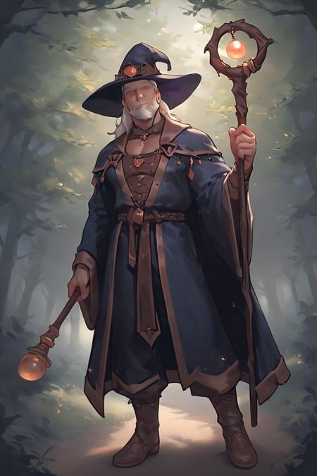 score_9, score_8_up, score_7_up, wizard, old, 1boy, old man, male focus, hat, beard, solo, staff, witch hat, facial hair, forest, nature, robe, long hair, looking at viewer, tree, holding, white hair, outdoors, holding staff, boots <lora:Smooth Style 2 SDXL_LoRA_Pony Diffusion V6 XL:1>