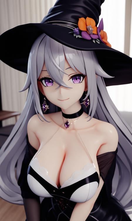 mmd,(masterpiece, best quality:1.2),1girl,solo,hat,witch hat,purple eyes,long hair,jewelry,earrings,looking at viewer,flower,dress,hat flower,black dress,large breasts,choker,indoors,cleavage,bangs,hair between eyes,witch,black headwear,grey hair,black choker,smile,<lora:mmd-000002:0.55>,