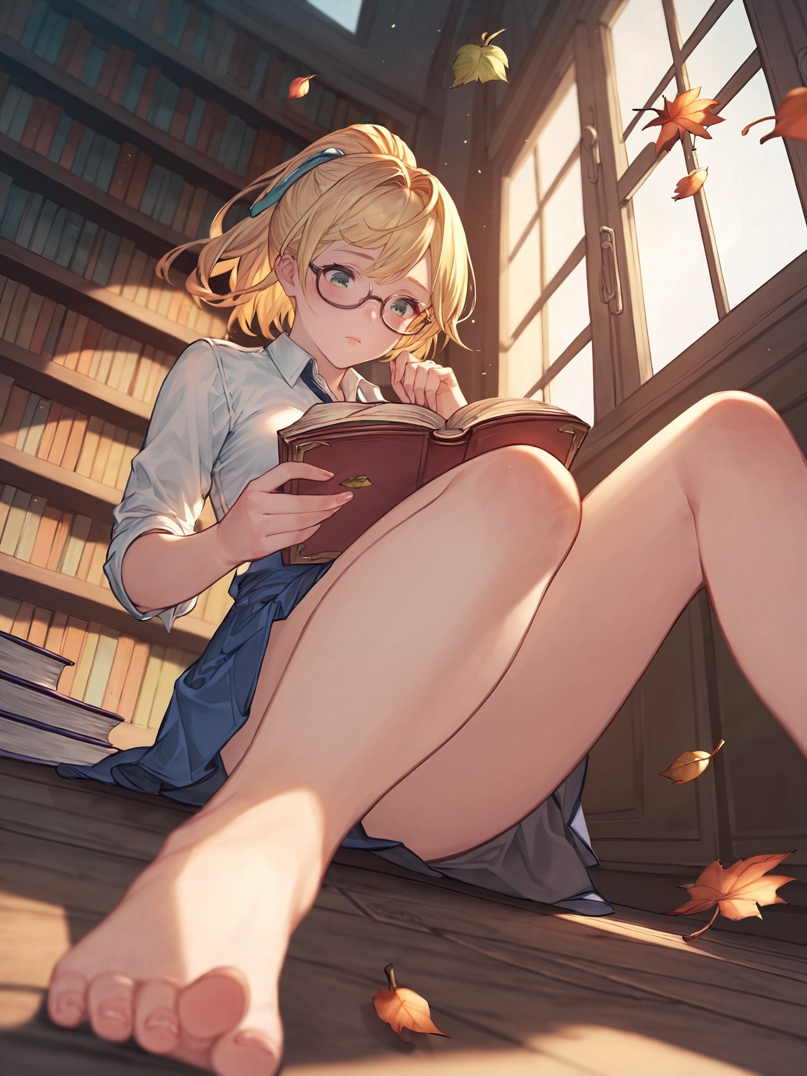 score_9,score_8_up,score_7_up,score_6_up,source_anime,solo,1girl,close-up,indian_style,sitting,from below,blonde hair,glasses,green eyes,ponytail,short hair,blush,dress_shirt,small_breasts,blue skirt,looking down,open book,beautiful_detailed_eyes,on_floor,library,open window,wind,leaf,autumn leaves,<lora:Granblue_Fantasy_Style_XLv4:1>,